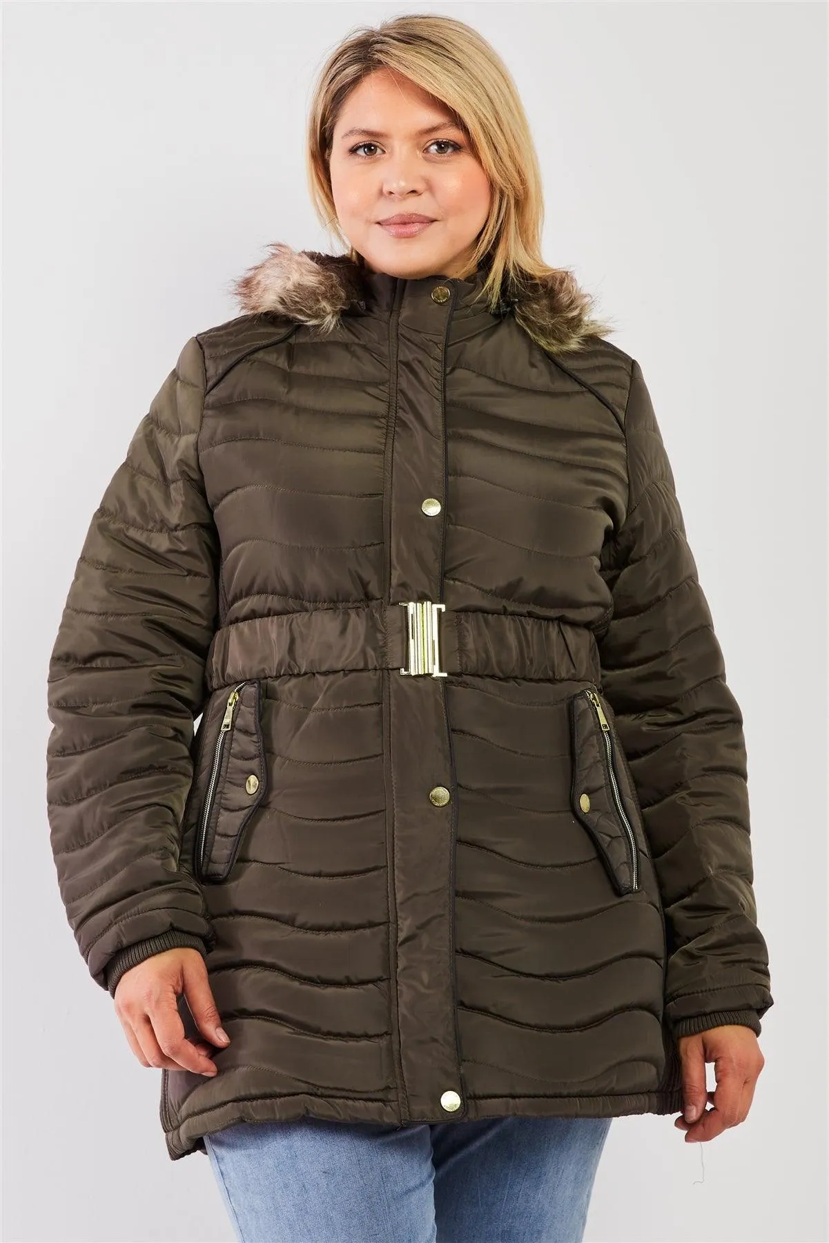 Junior Plus Olive Wavy Quilt Padded Faux Fur Detachable Hood Belted Long Puffer Jacket /2-1-1