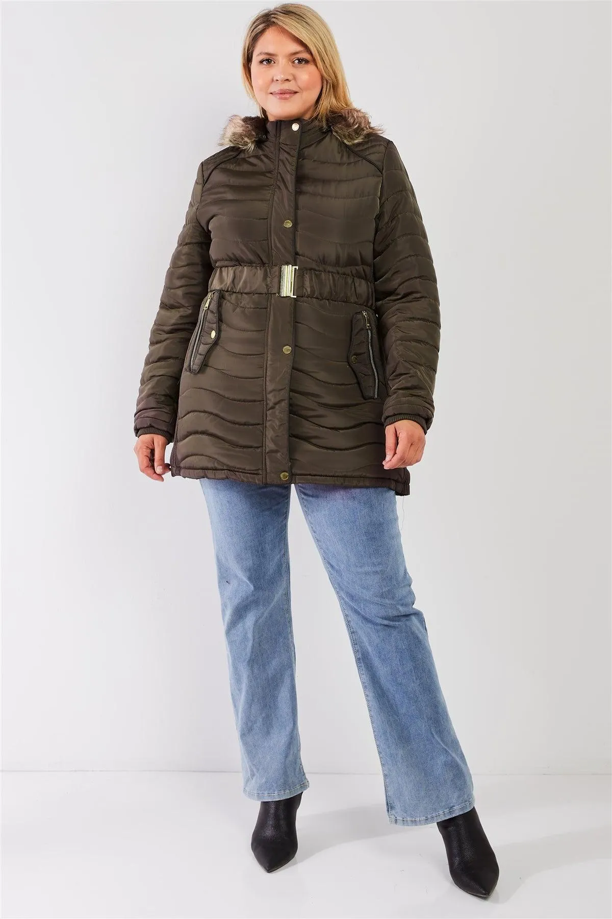 Junior Plus Olive Wavy Quilt Padded Faux Fur Detachable Hood Belted Long Puffer Jacket /2-1-1