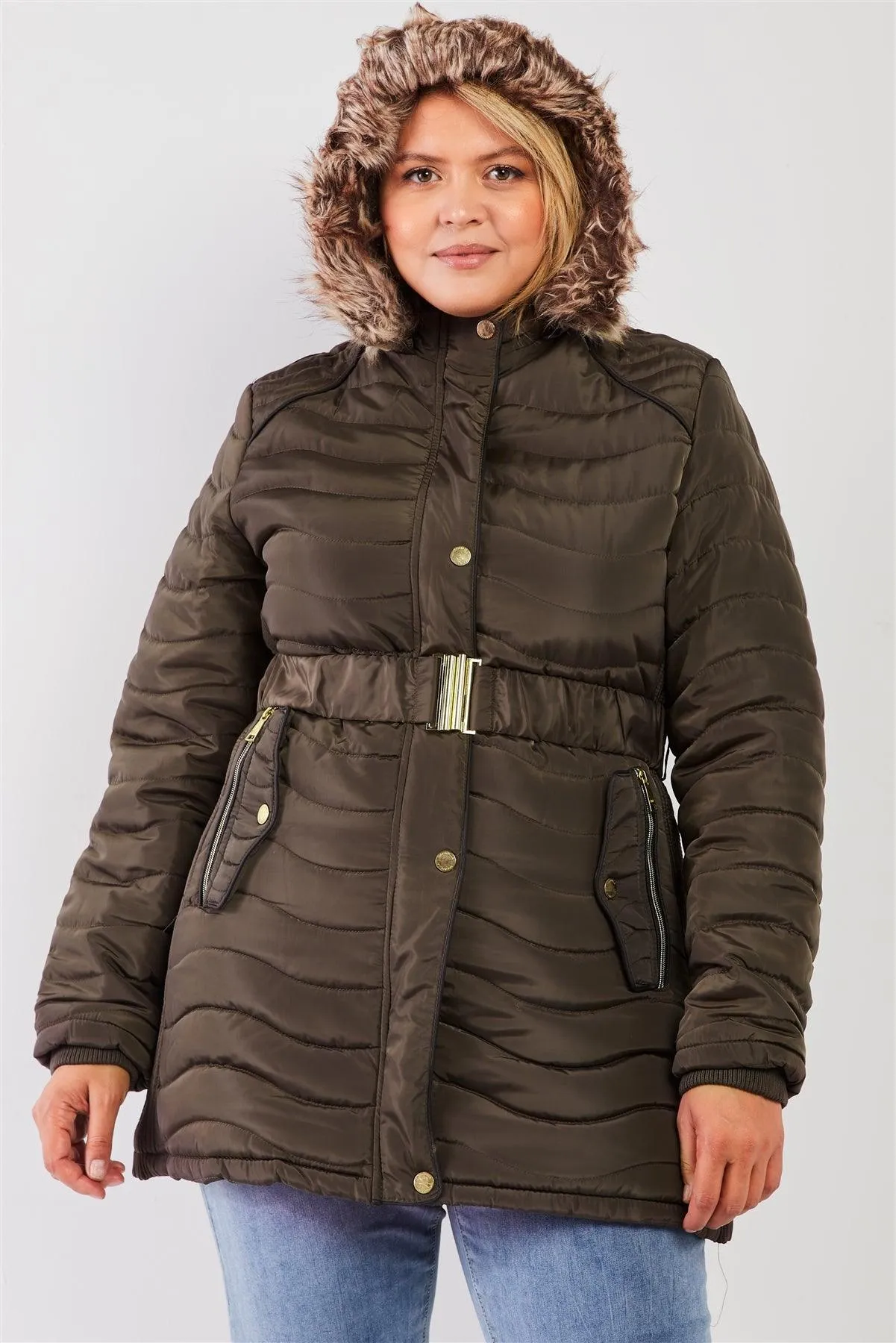 Junior Plus Olive Wavy Quilt Padded Faux Fur Detachable Hood Belted Long Puffer Jacket /2-1-1