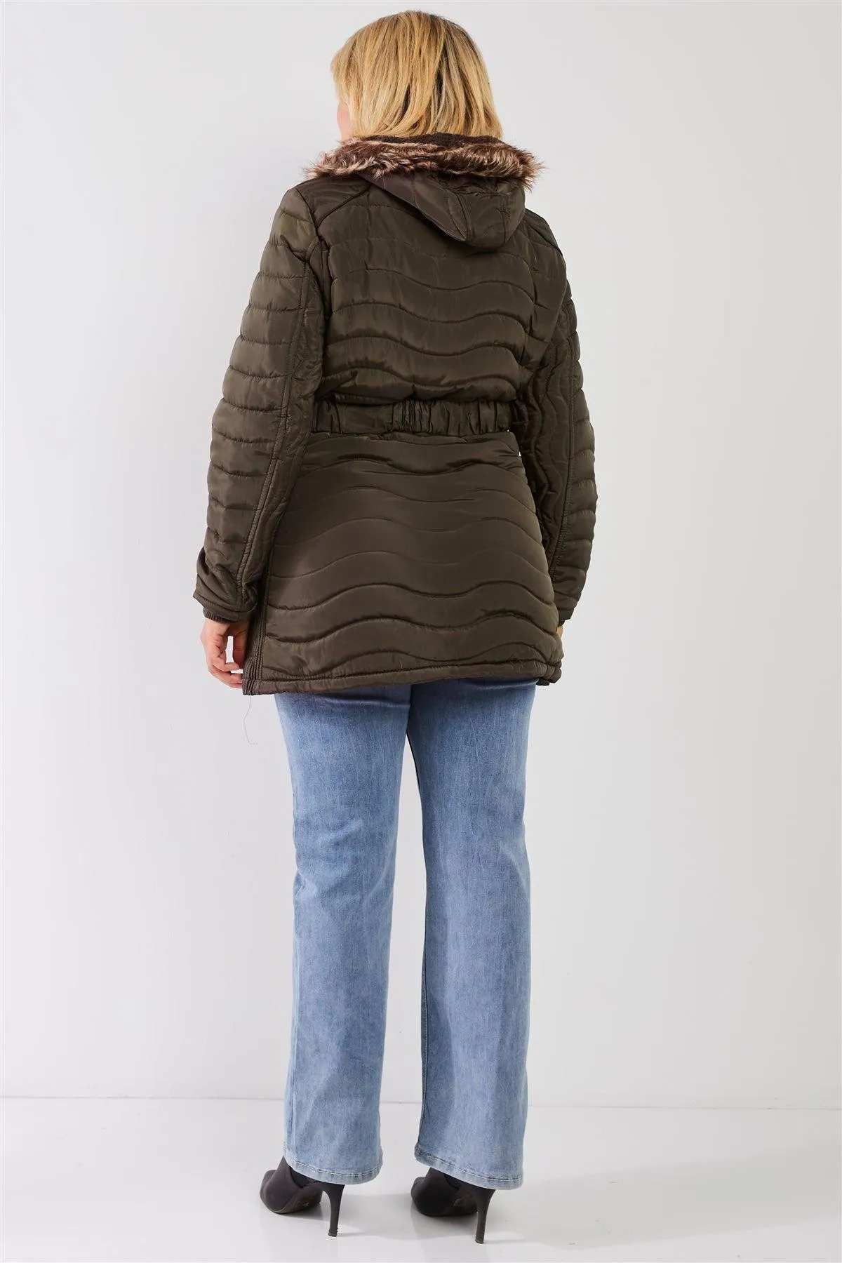 Junior Plus Olive Wavy Quilt Padded Faux Fur Detachable Hood Belted Long Puffer Jacket /2-1-1