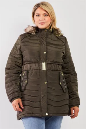 Junior Plus Olive Wavy Quilt Padded Faux Fur Detachable Hood Belted Long Puffer Jacket /2-1-1