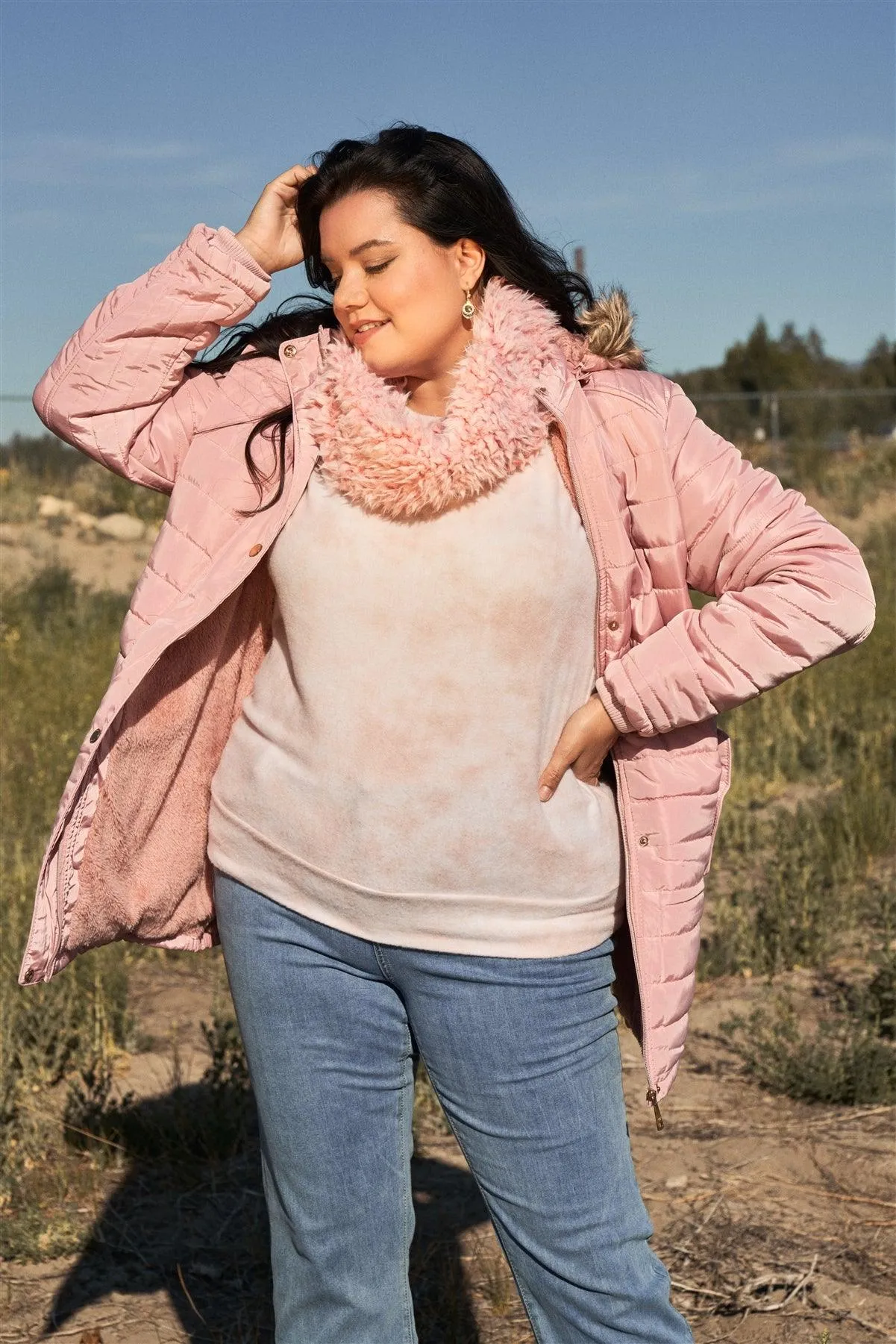 Junior Plus Pink Parallel Quilt Faux Fur Hood Belted Padded Long Puffer Jacket /1-1-1-1