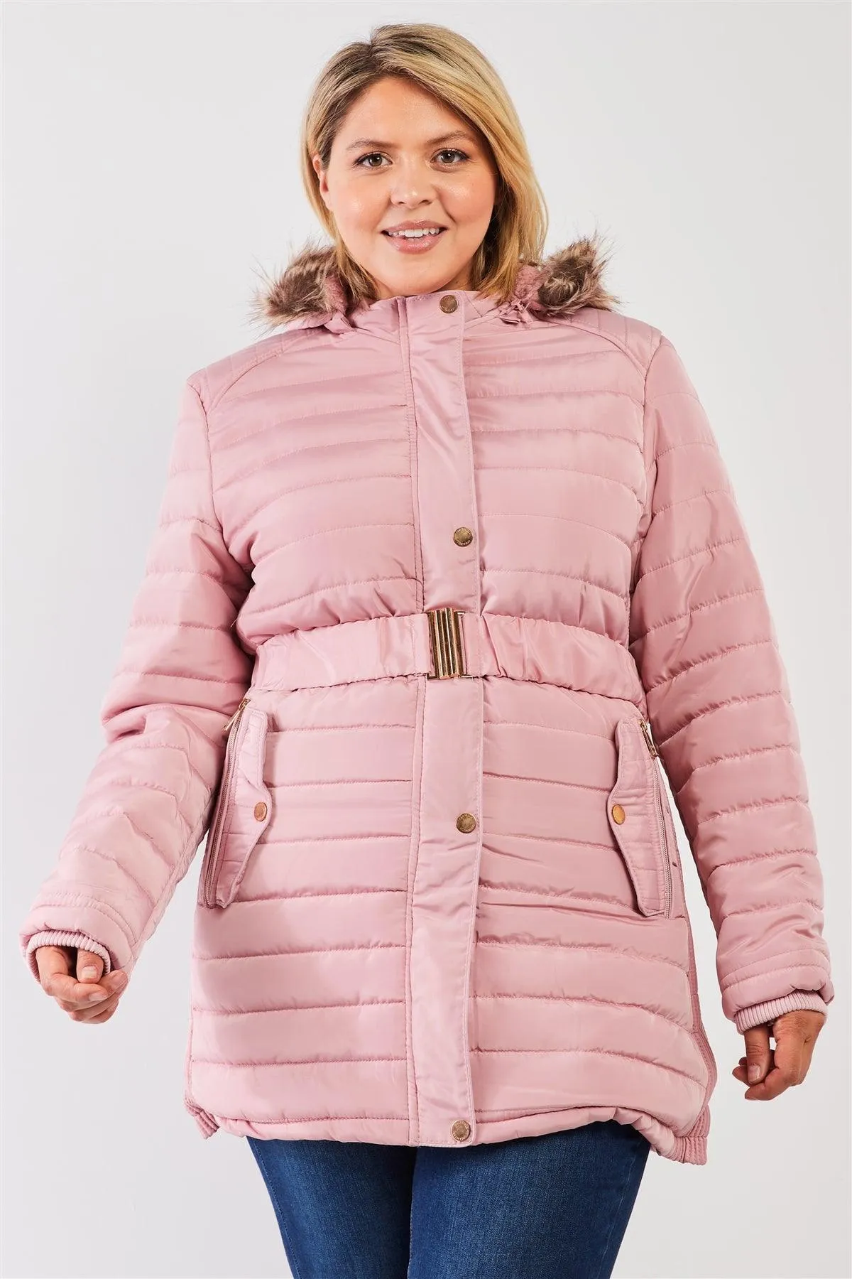 Junior Plus Pink Parallel Quilt Faux Fur Hood Belted Padded Long Puffer Jacket /1-1-1-1