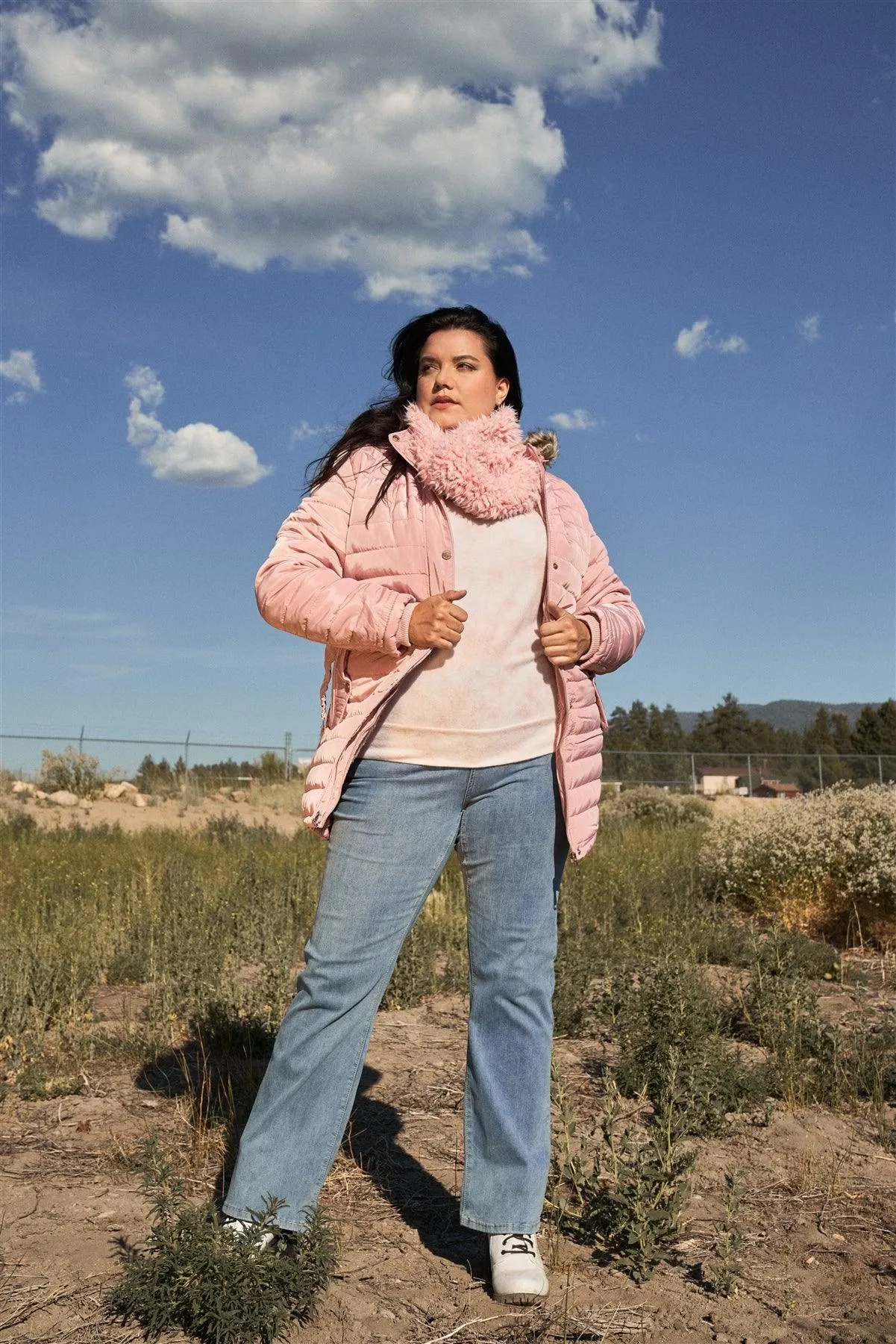 Junior Plus Pink Parallel Quilt Faux Fur Hood Belted Padded Long Puffer Jacket /1-1-1-1