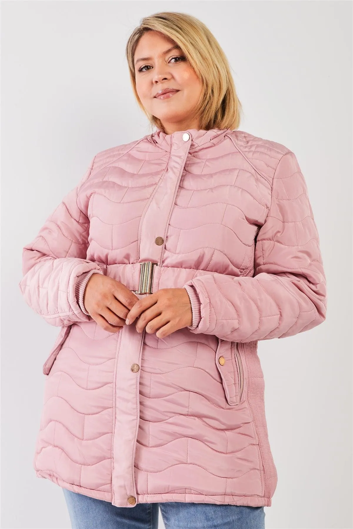 Junior Plus Pink Wavy Brick Quilt Faux Fur Hood Belted Padded Long Puffer Jacket /1-1-1-1