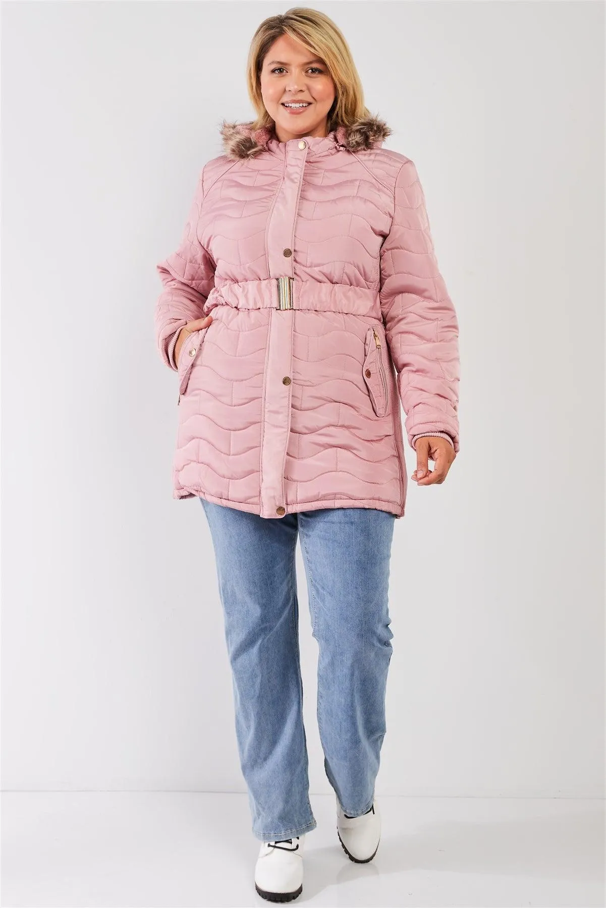 Junior Plus Pink Wavy Brick Quilt Faux Fur Hood Belted Padded Long Puffer Jacket /1-1-1-1