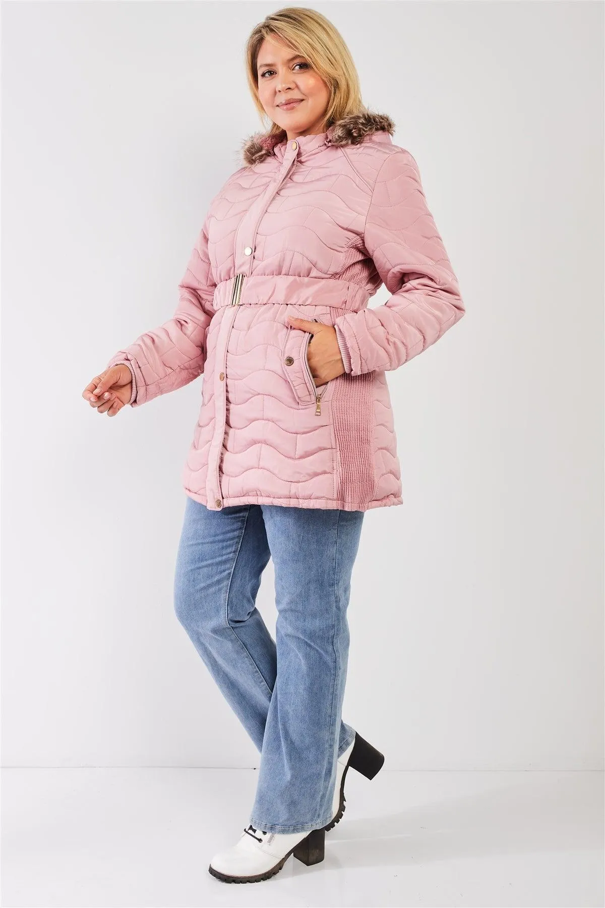 Junior Plus Pink Wavy Brick Quilt Faux Fur Hood Belted Padded Long Puffer Jacket /1-1-1-1