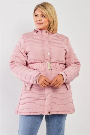 Junior Plus Pink Wavy Quilt Padded Faux Fur Detachable Hood Belted Long Puffer Jacket /1-1-1-1