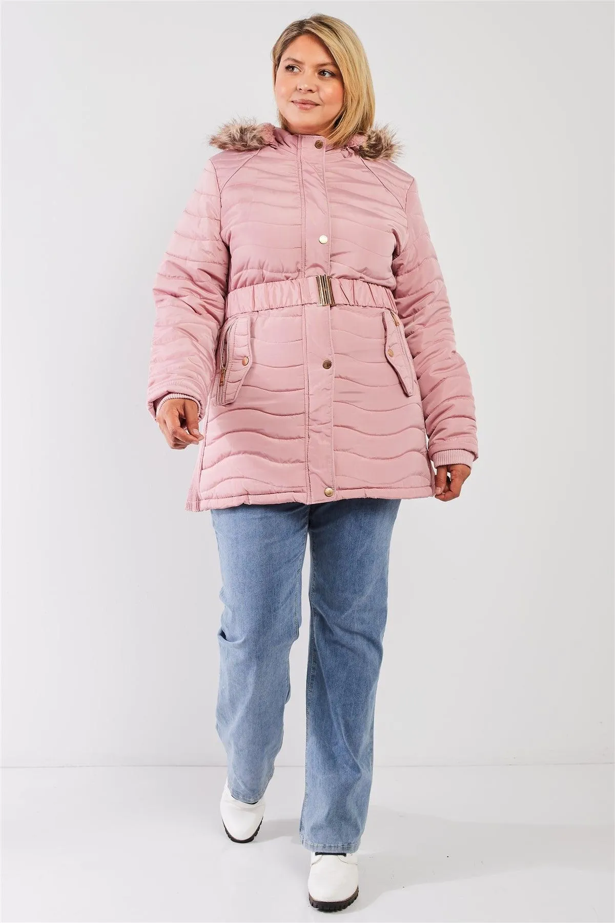 Junior Plus Pink Wavy Quilt Padded Faux Fur Detachable Hood Belted Long Puffer Jacket /1-1-1-1