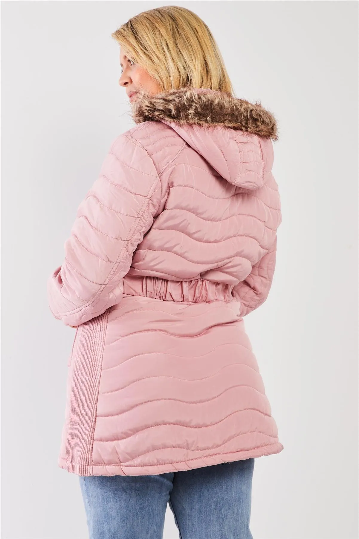 Junior Plus Pink Wavy Quilt Padded Faux Fur Detachable Hood Belted Long Puffer Jacket /2-1-2