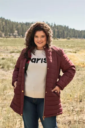 Junior Plus Wine Diamond Quilt Faux Fur Hood Belted Padded Long Puffer Jacket /1-1-1-1