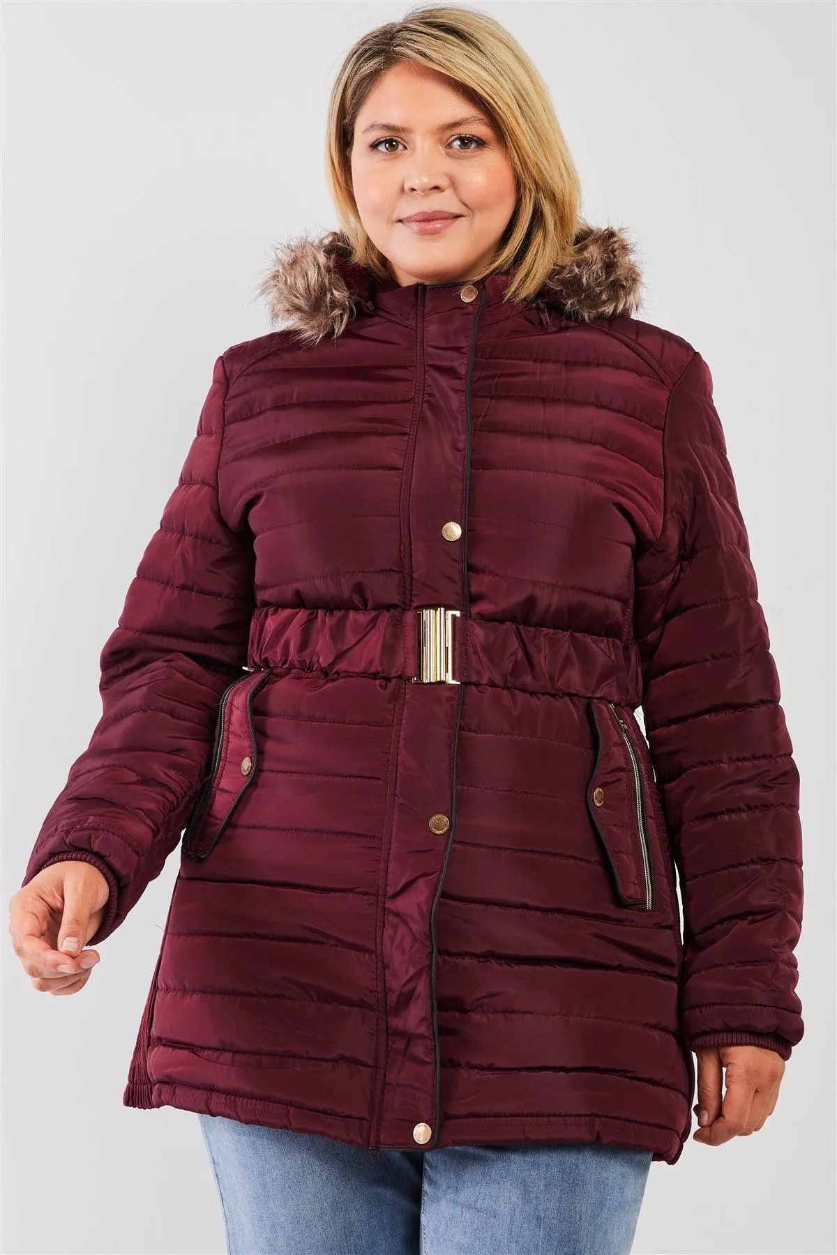 Junior Plus Wine Parallel Quilt Faux Fur Hood Belted Padded Long Puffer Jacket /1-1-1-1