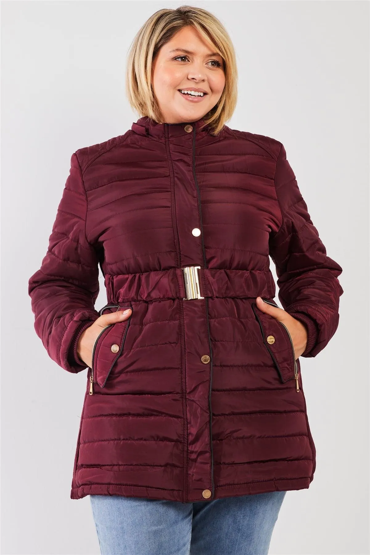 Junior Plus Wine Parallel Quilt Faux Fur Hood Belted Padded Long Puffer Jacket /1-1-1-1