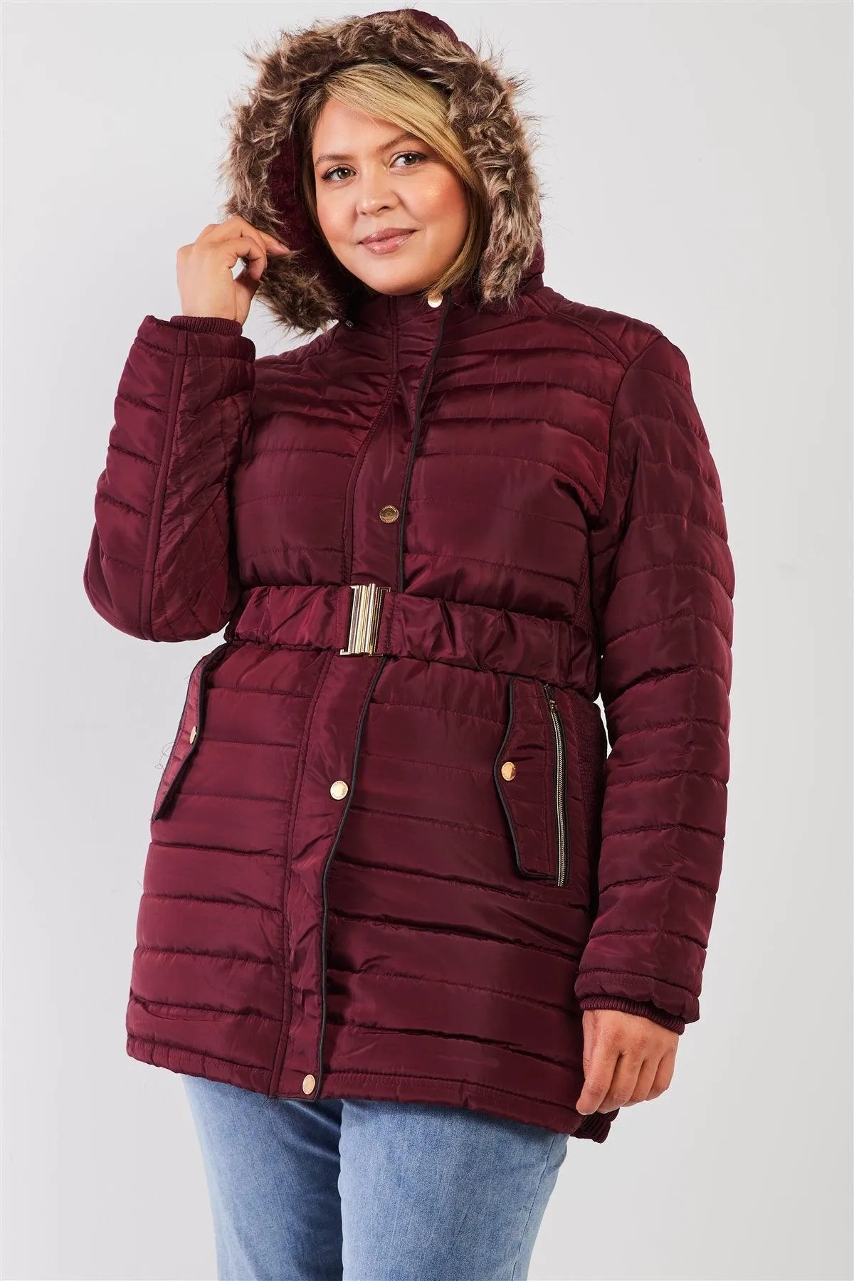 Junior Plus Wine Parallel Quilt Faux Fur Hood Belted Padded Long Puffer Jacket /1-1-1-1