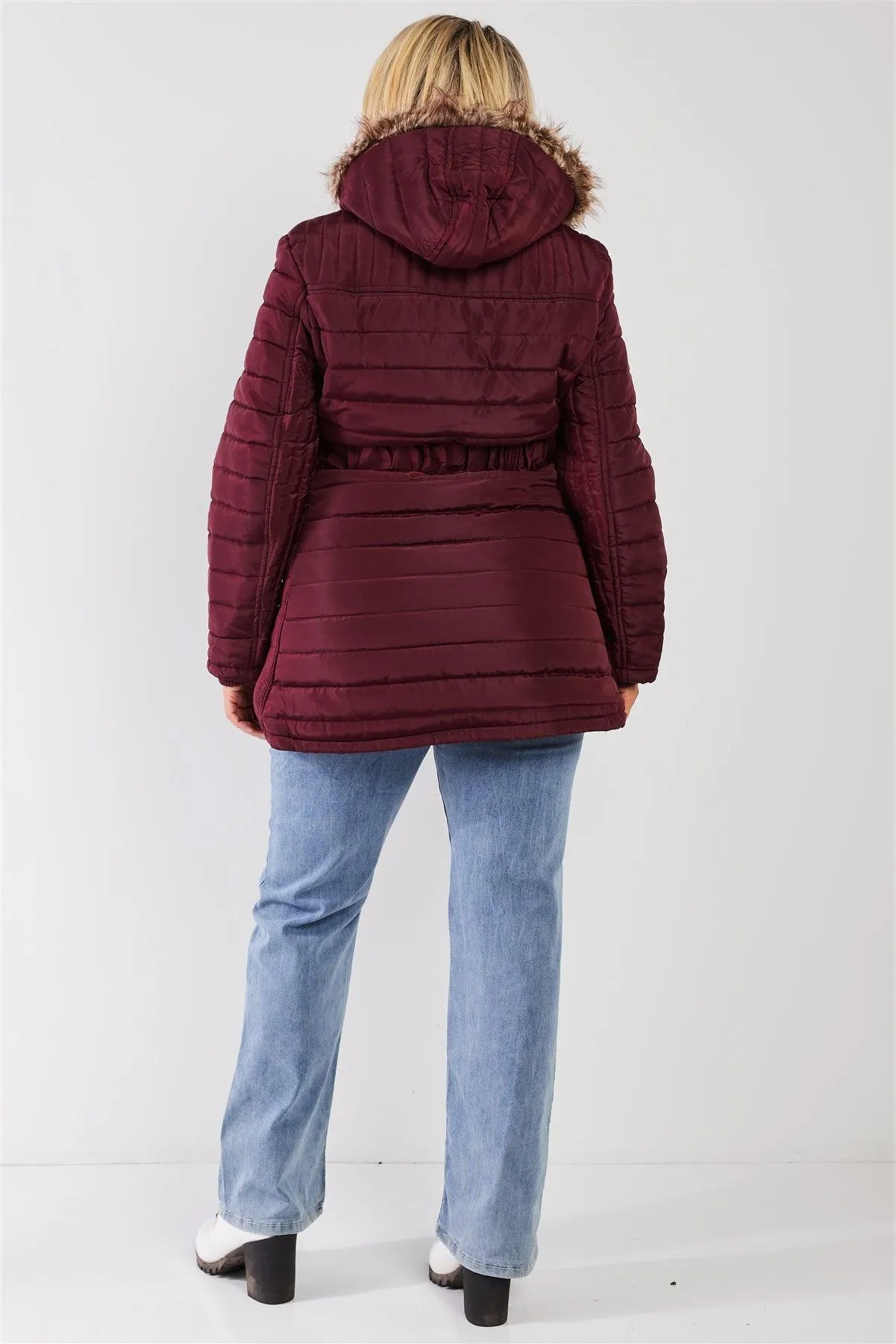Junior Plus Wine Parallel Quilt Faux Fur Hood Belted Padded Long Puffer Jacket /1-1-1-1