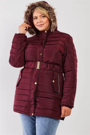 Junior Plus Wine Parallel Quilt Faux Fur Hood Belted Padded Long Puffer Jacket /1-1-1-1
