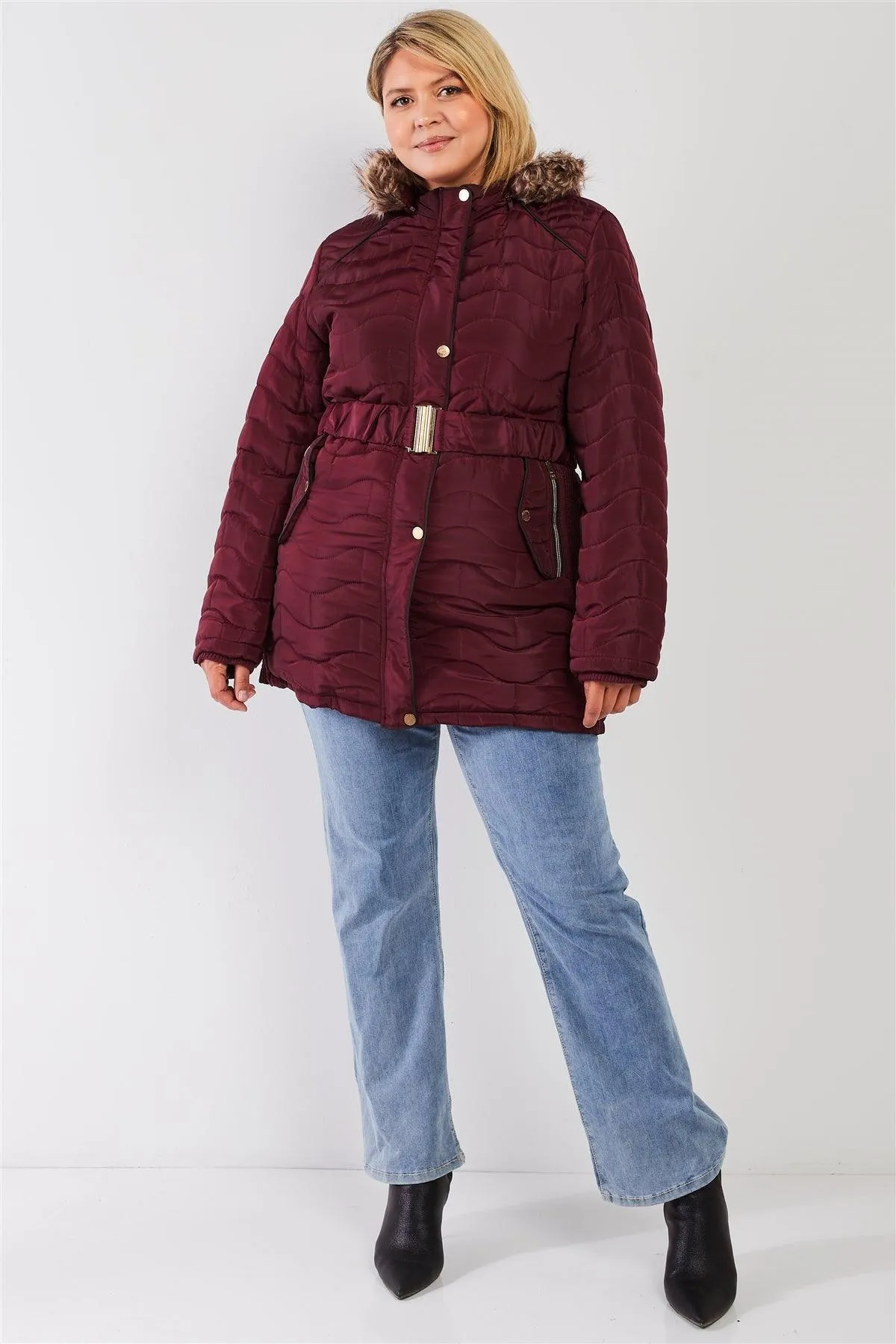 Junior Plus Wine Wavy Brick Quilt Faux Fur Hood Belted Padded Long Puffer Jacket