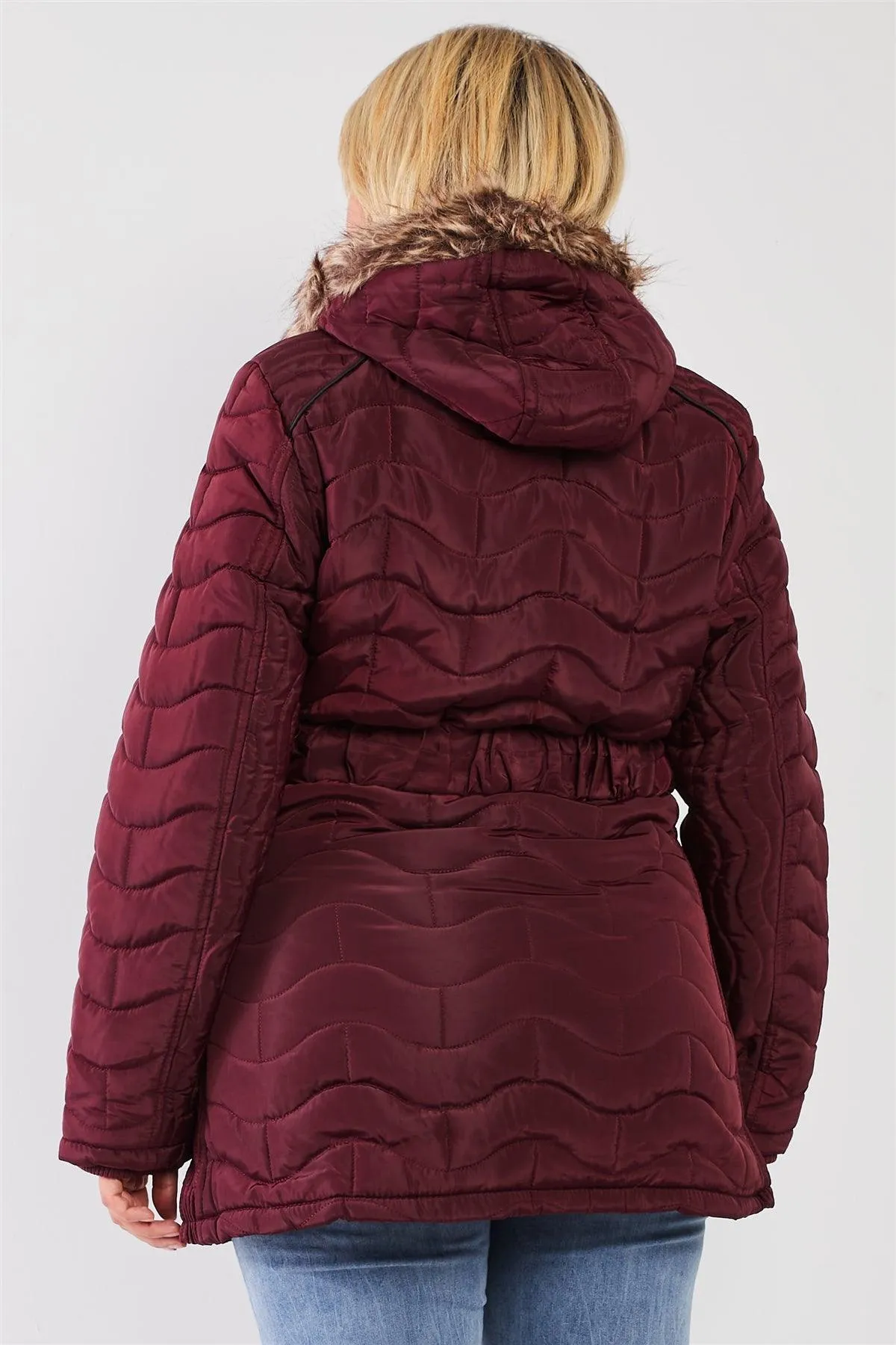 Junior Plus Wine Wavy Brick Quilt Faux Fur Hood Belted Padded Long Puffer Jacket