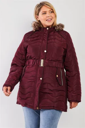 Junior Plus Wine Wavy Brick Quilt Faux Fur Hood Belted Padded Long Puffer Jacket