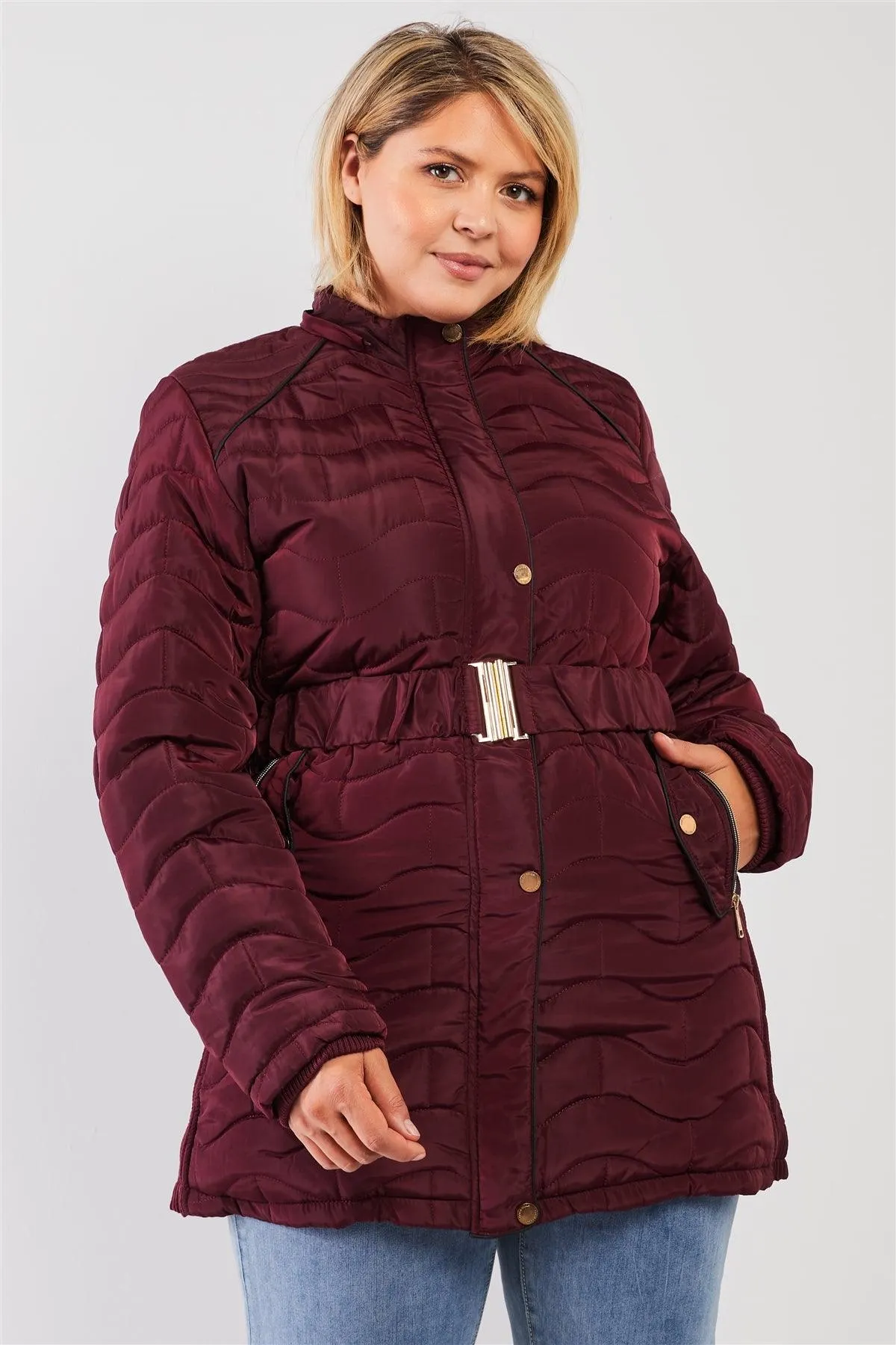 Junior Plus Wine Wavy Brick Quilt Faux Fur Hood Belted Padded Long Puffer Jacket