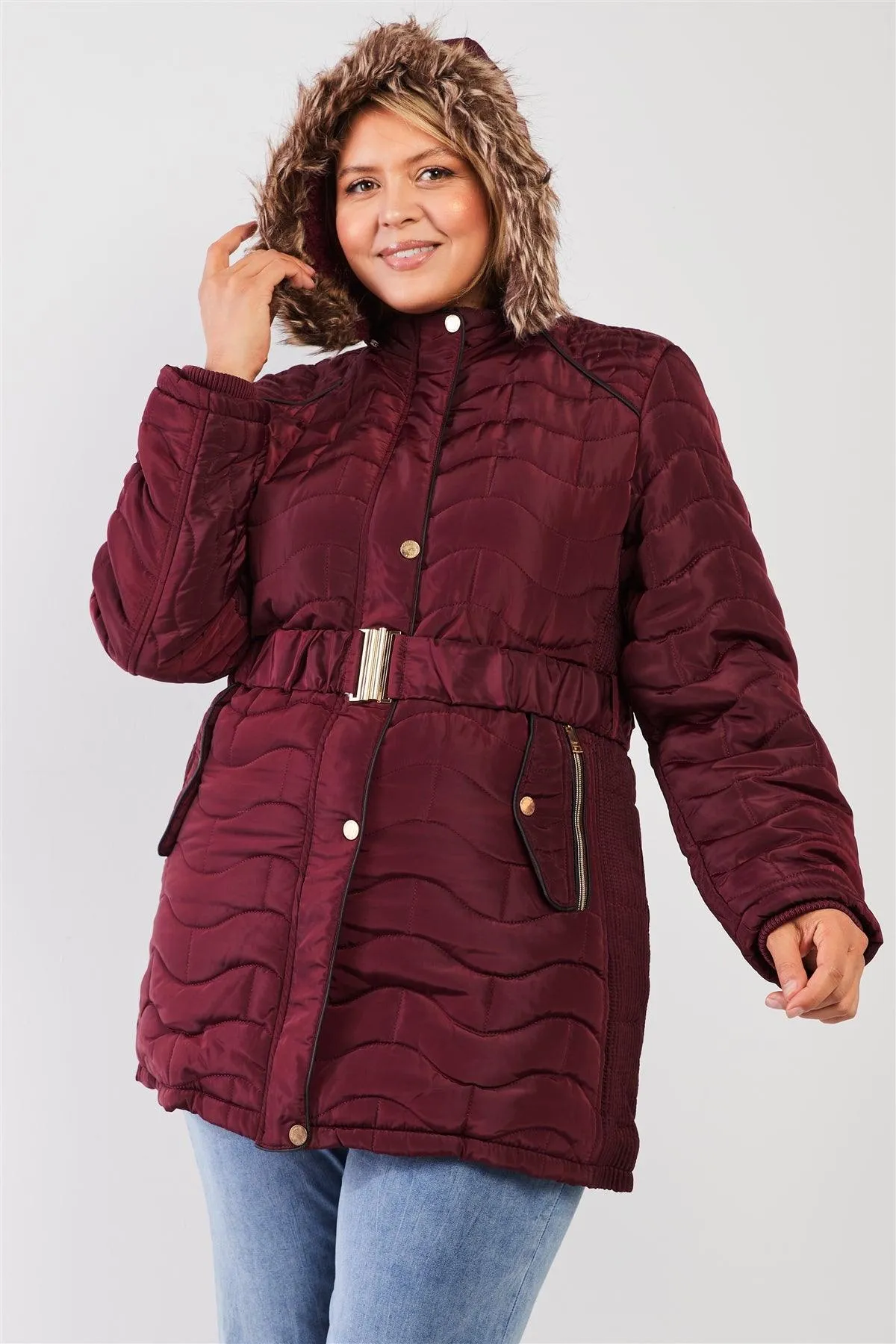 Junior Plus Wine Wavy Brick Quilt Faux Fur Hood Belted Padded Long Puffer Jacket