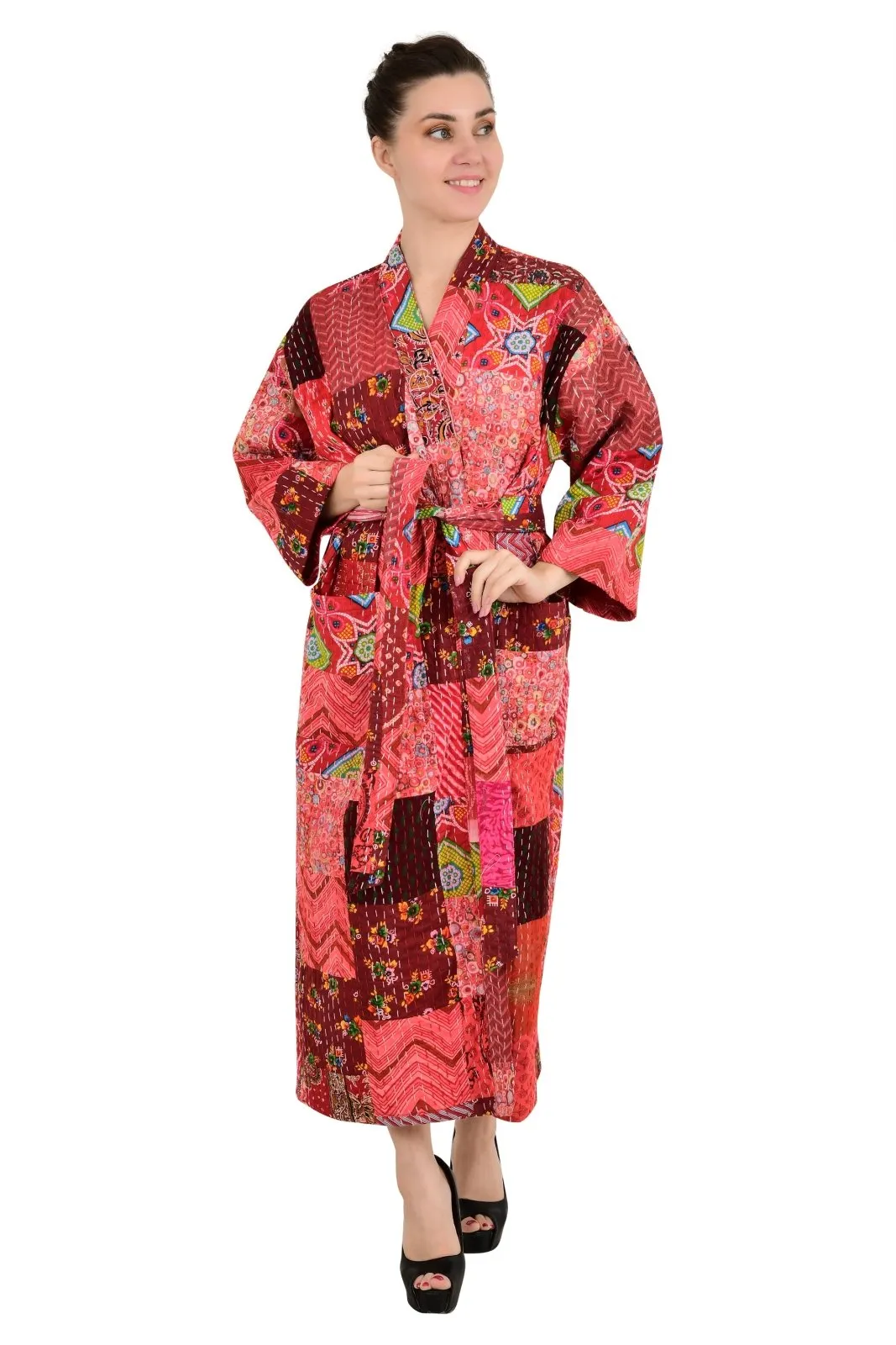 Kantha Pure Cotton Reversible Long Kimono Women Unique Patchwork Red Burst