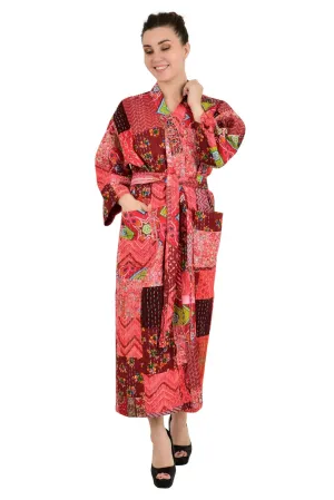 Kantha Pure Cotton Reversible Long Kimono Women Unique Patchwork Red Burst
