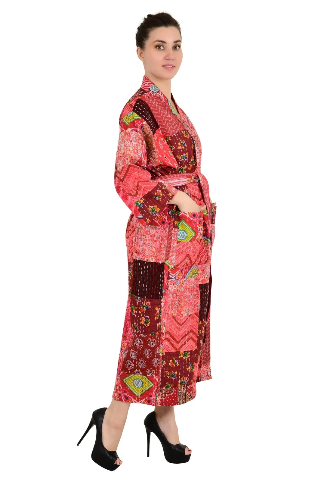 Kantha Pure Cotton Reversible Long Kimono Women Unique Patchwork Red Burst