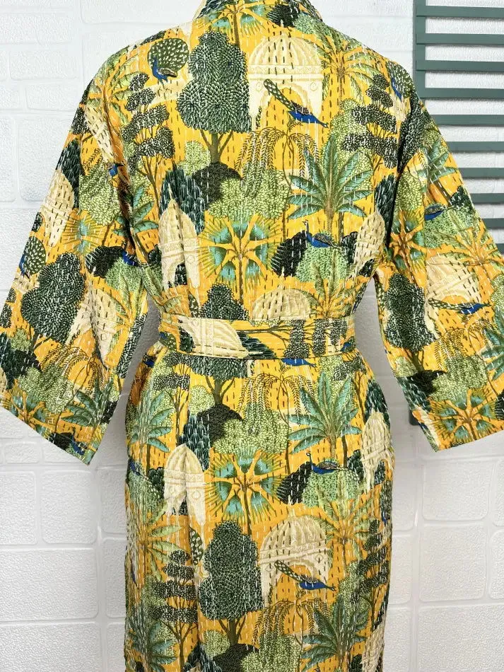 Kantha Pure Cotton Reversible Short Kimono Women Jacket Bird Print Yellow Green