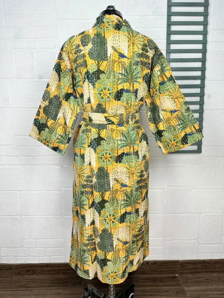 Kantha Pure Cotton Reversible Short Kimono Women Jacket Bird Print Yellow Green