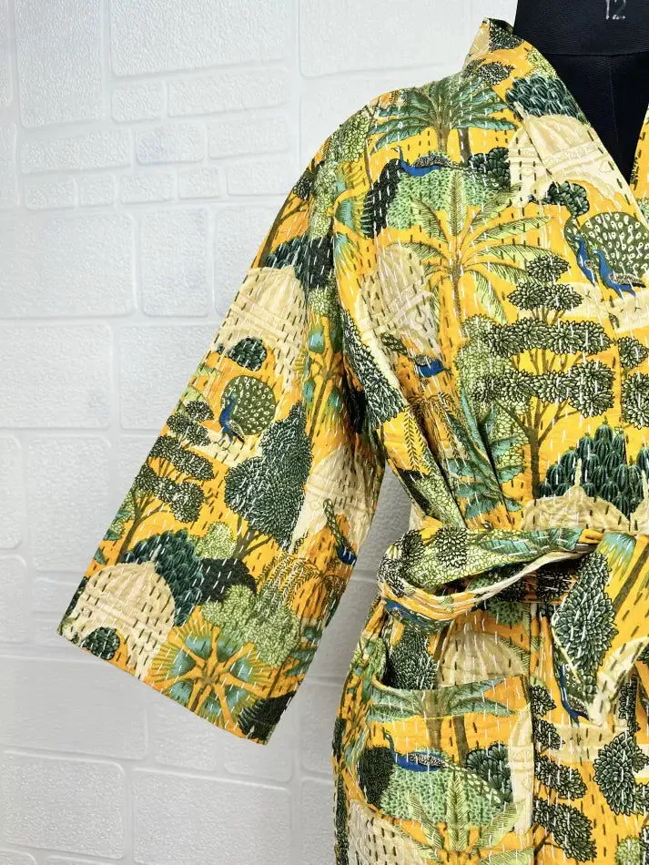 Kantha Pure Cotton Reversible Short Kimono Women Jacket Bird Print Yellow Green