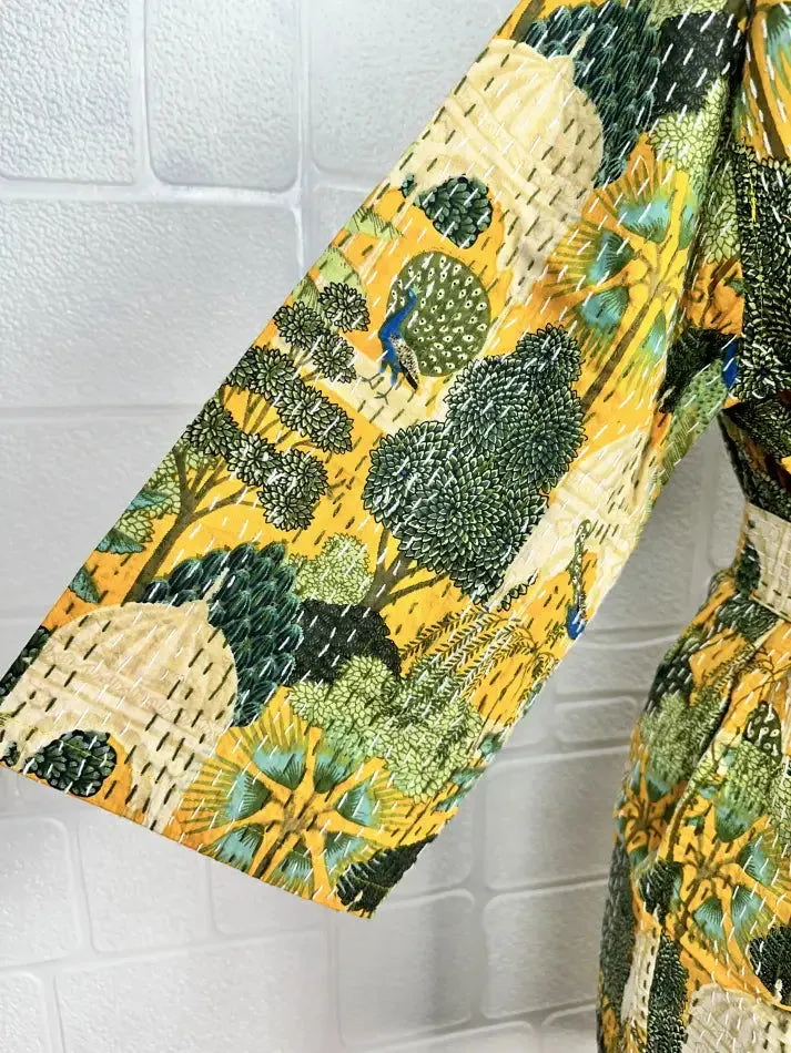 Kantha Pure Cotton Reversible Short Kimono Women Jacket Bird Print Yellow Green