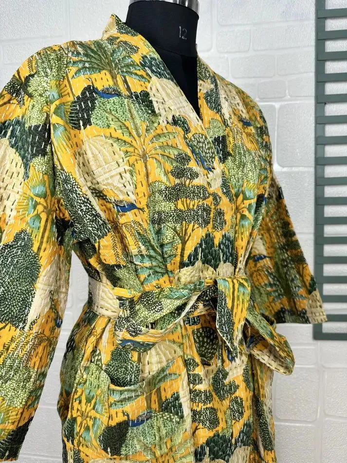 Kantha Pure Cotton Reversible Short Kimono Women Jacket Bird Print Yellow Green