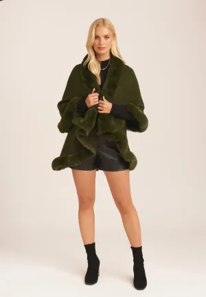 Khaki Fur Trim Double Layer Cape