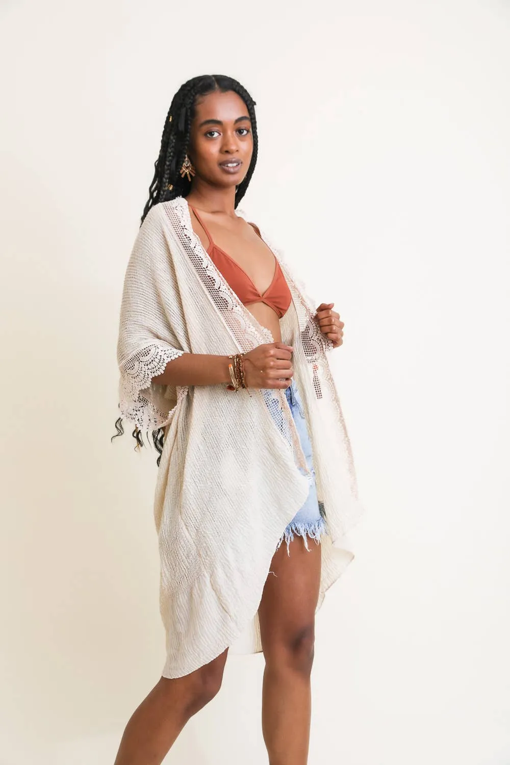 Lace Trim Kimono  Ideal for Vacations & More