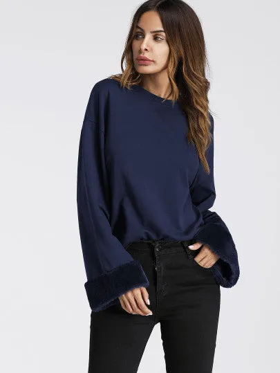 Ladies boho burgundy fur trim long sleeve top