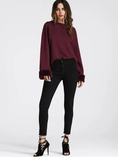 Ladies boho burgundy fur trim long sleeve top