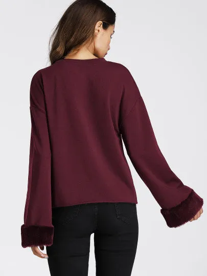 Ladies boho burgundy fur trim long sleeve top