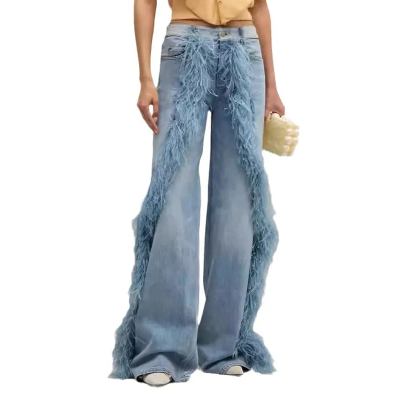 Ladies Stonewash Wide Leg Jeans with Plush Fur Trim for Style and Comfort