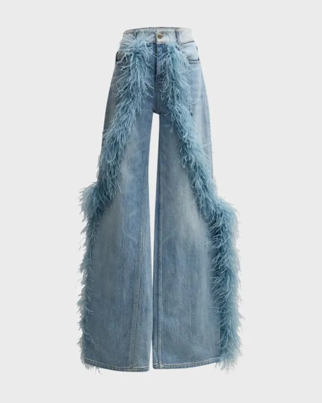 Ladies Stonewash Wide Leg Jeans with Plush Fur Trim for Style and Comfort