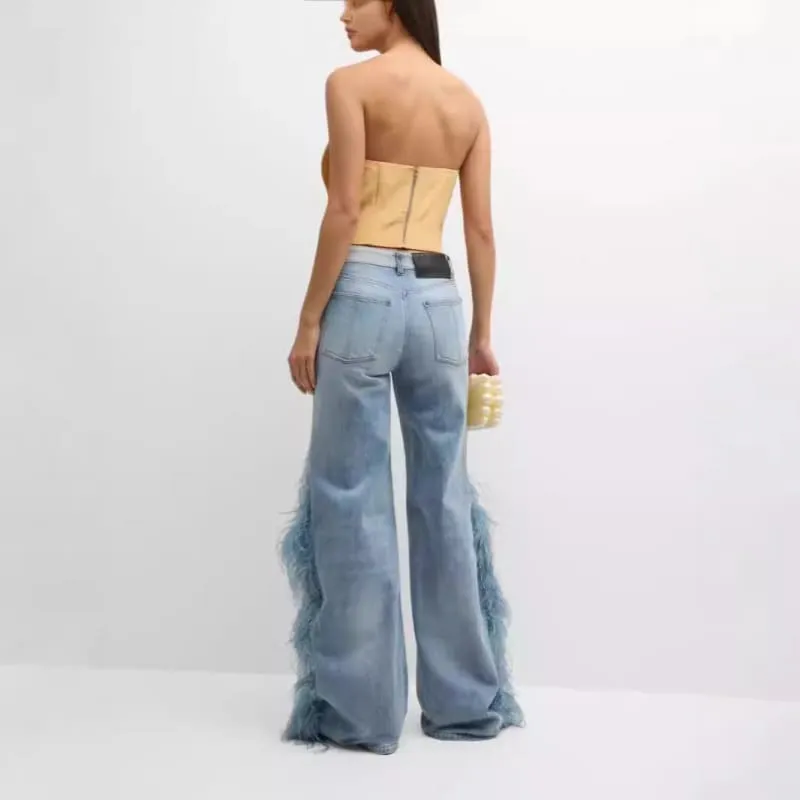 Ladies Stonewash Wide Leg Jeans with Plush Fur Trim for Style and Comfort