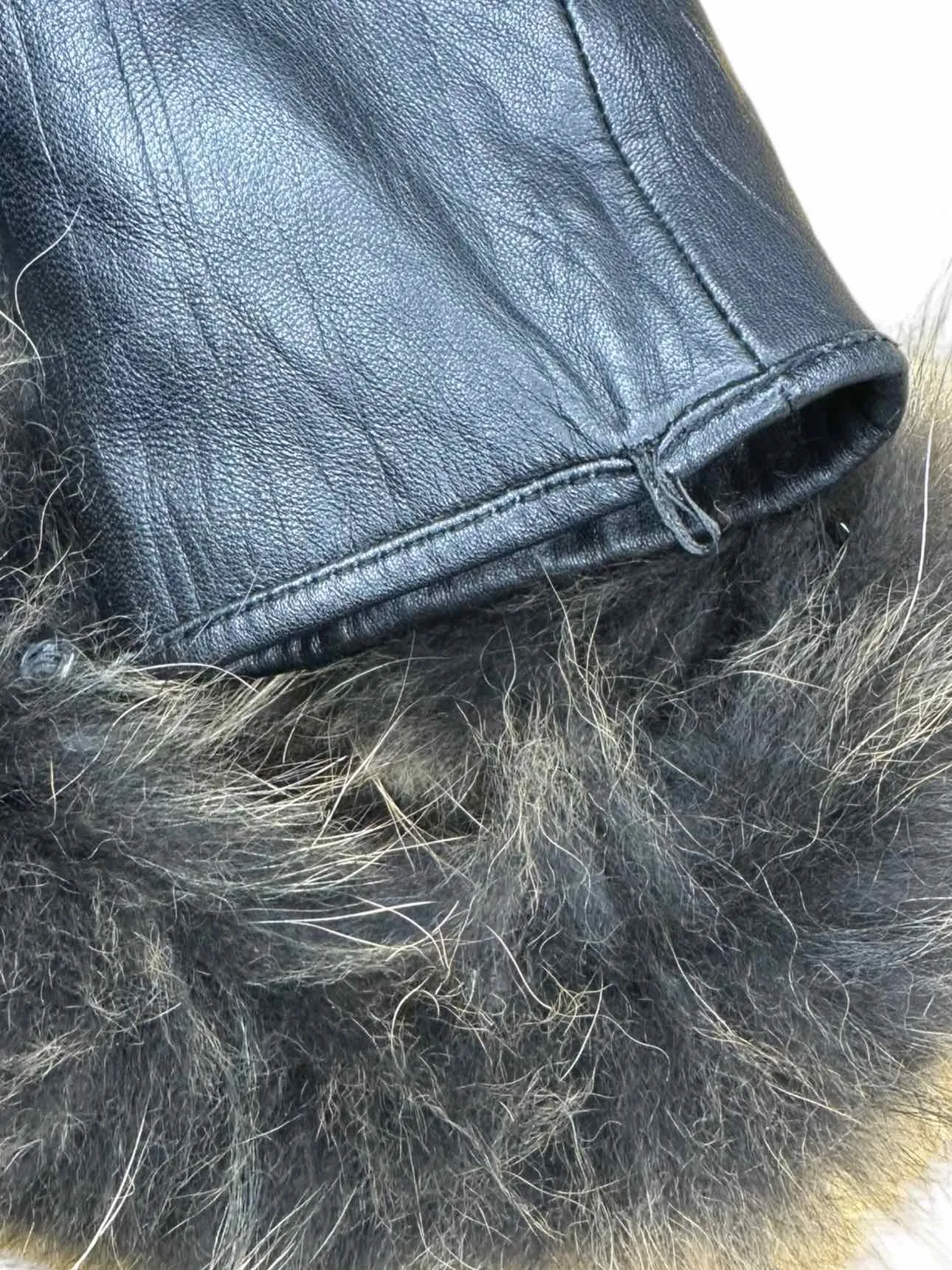 Leishida Black Leather Fox Trim Coat Size M