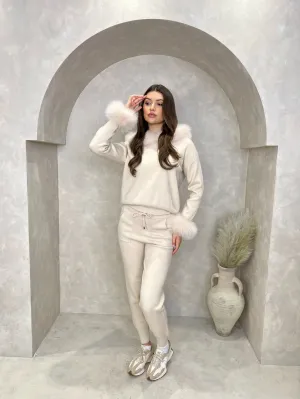 Light Beige Luxury Fur Trim Hood & Cuff Jogger Tracksuit