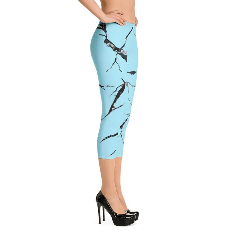Light Blue Marble Women's Tights, Marble Print Dressy Fashion Capri Leggings Pants- Made in USA/ EU