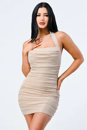 LUX METALIC HALTER BACK TIE BODYCON DRESS