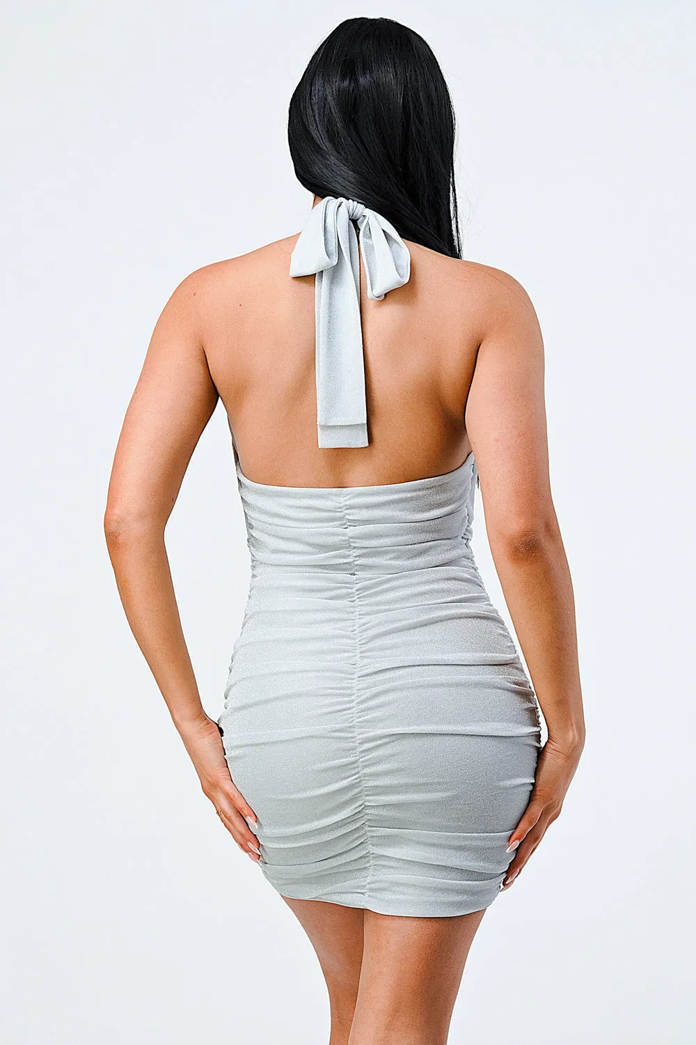 LUX METALIC HALTER BACK TIE BODYCON DRESS