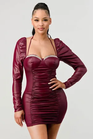 LUX SUPER STRETCH HALTER RHINESTONES TRIM RUCHED DRESS