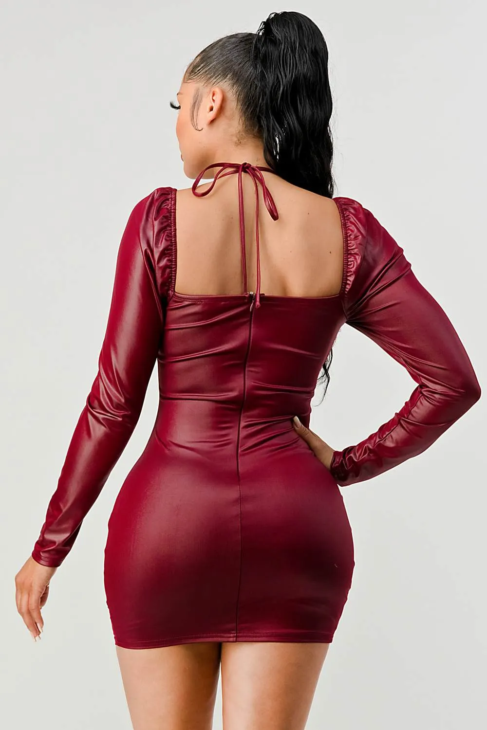 LUX SUPER STRETCH HALTER RHINESTONES TRIM RUCHED DRESS