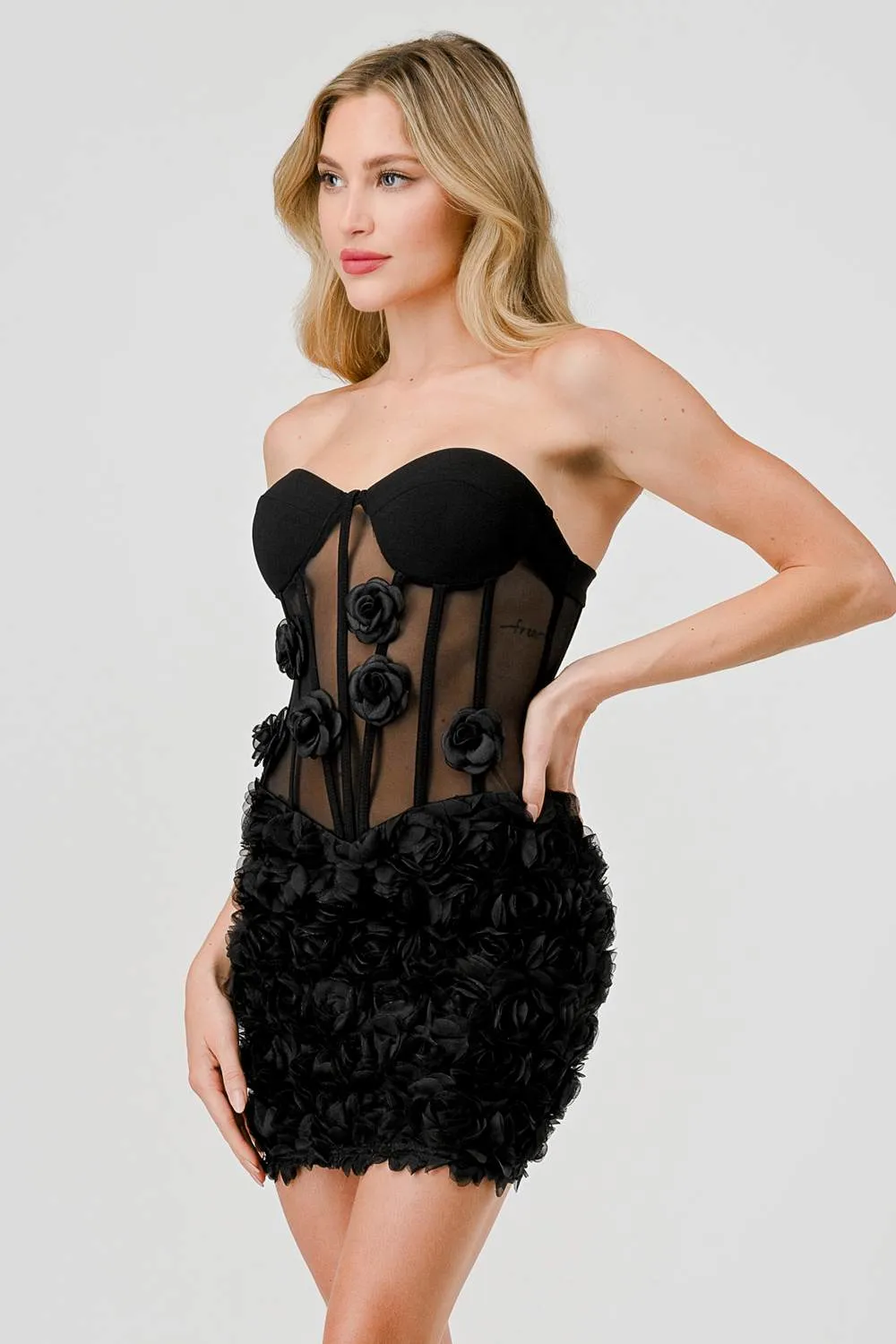 LUXE LACE MESH TEXTURE FLORAL ROSETTE MINI DRESS