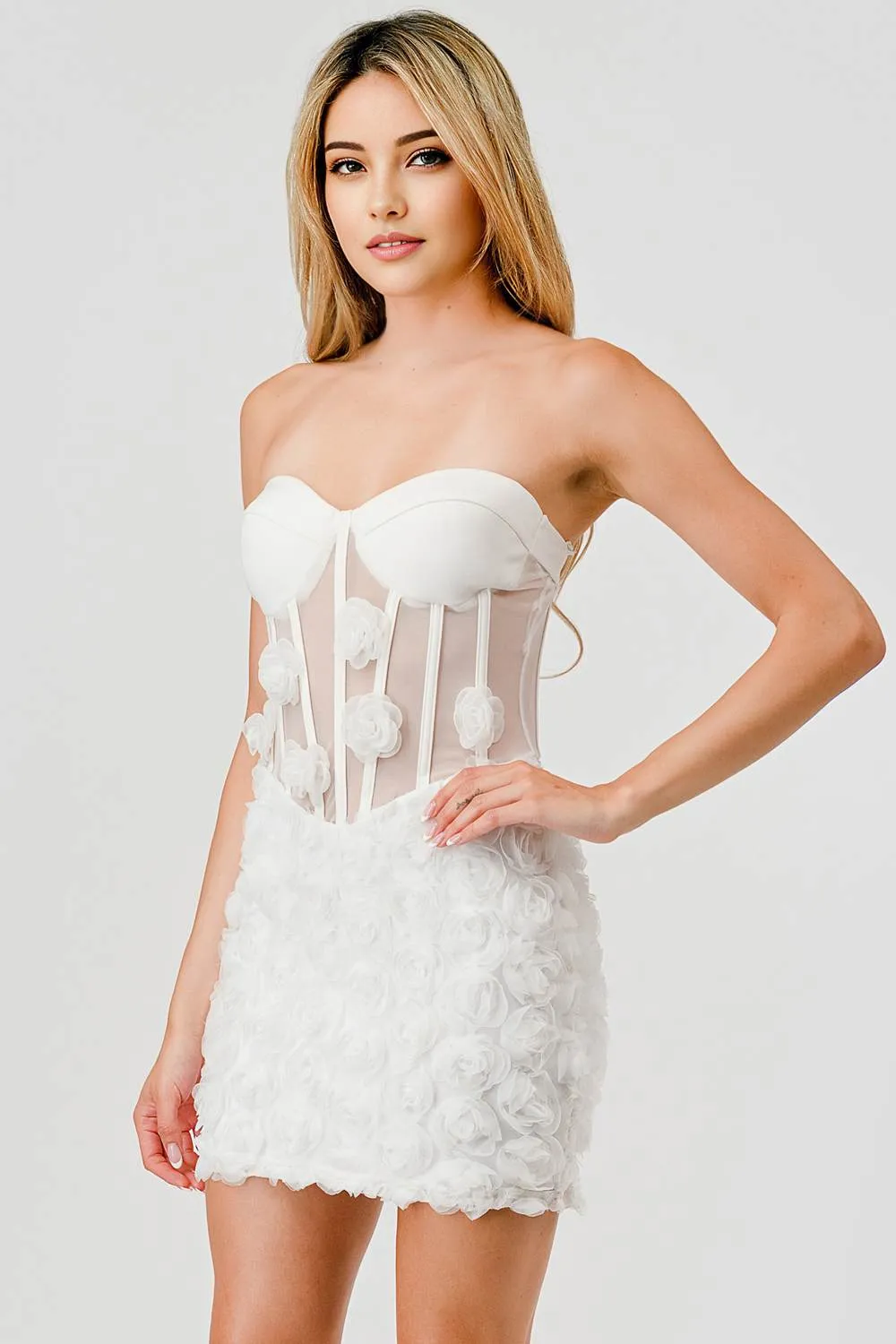 LUXE LACE MESH TEXTURE FLORAL ROSETTE MINI DRESS